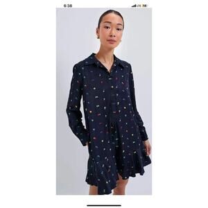 Tuckernuck Dress Womens Embroidered Callahan Navy Multi Drop Waist Ruffle Large